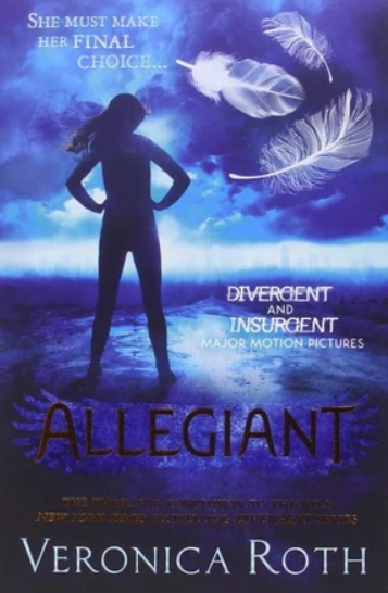 Book cover for 'Allegiant' by Veronica Roth, featuring a dark silhouette of a woman standing against a dramatic blue and purple sky with two white feathers floating above. The title 'ALLEGIANT' is displayed in large dark letters across the lower half, with the author's name at the bottom.