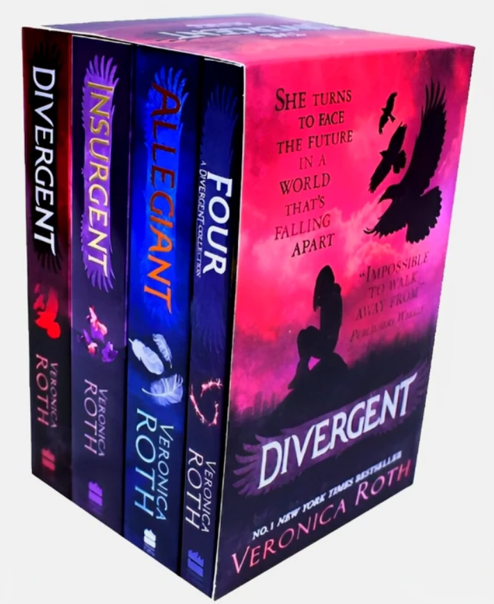 Box set of the Veronica Roth Divergent trilogy books, including Divergent, Insurgent, Allegiant, and Four, shown as a single boxed collection on a white background.