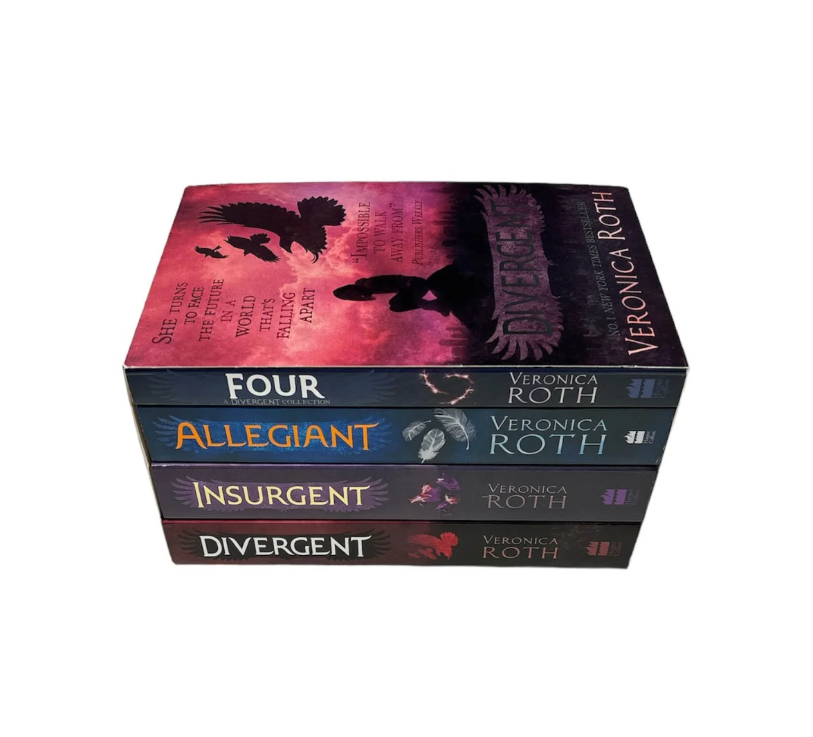 A boxed set of four Veronica Roth books, including Four, Allegiant, Insurgent, and Divergent, photographed on a plain white background.