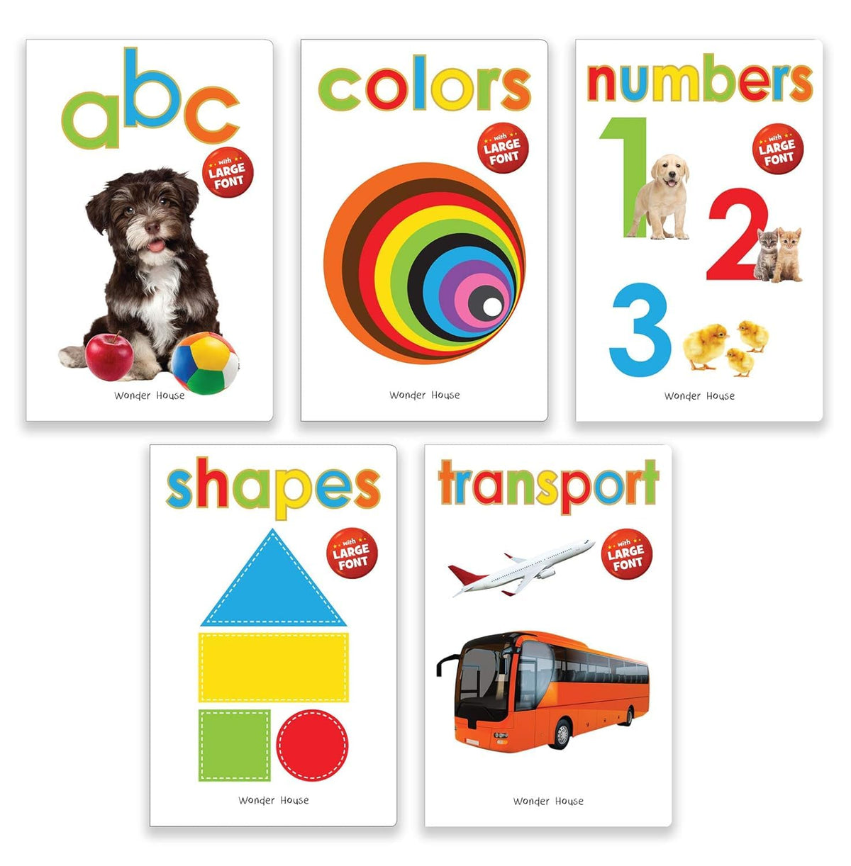 Five children's educational cards arranged on a white background, featuring colorful titles 'abc', 'colors', 'numbers', 'shapes', and 'transport' with corresponding illustrations and small animal photos.