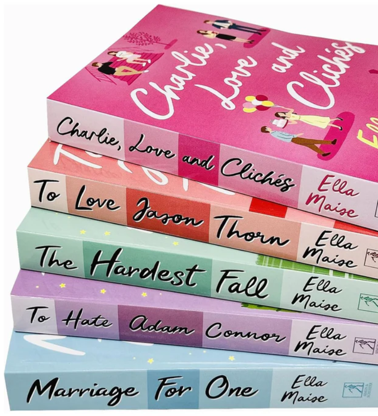 Stack of books titled 'Charlie, Love and Clichés' by Ella Maise on a white background