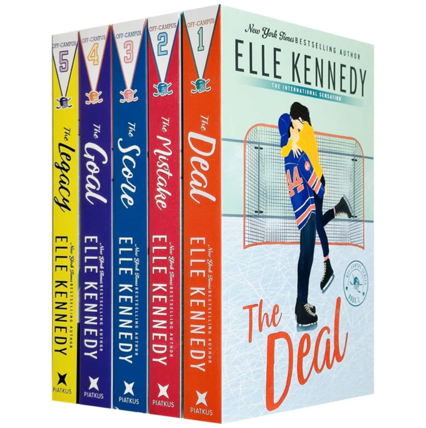 Collection of books by Elle Kennedy with colorful covers on a white background