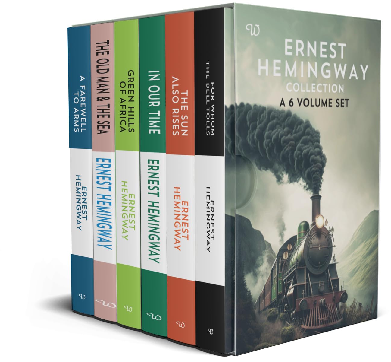 A set of six Ernest Hemingway books in a lined box set, with each book cover featuring iconic imagery related to the story.