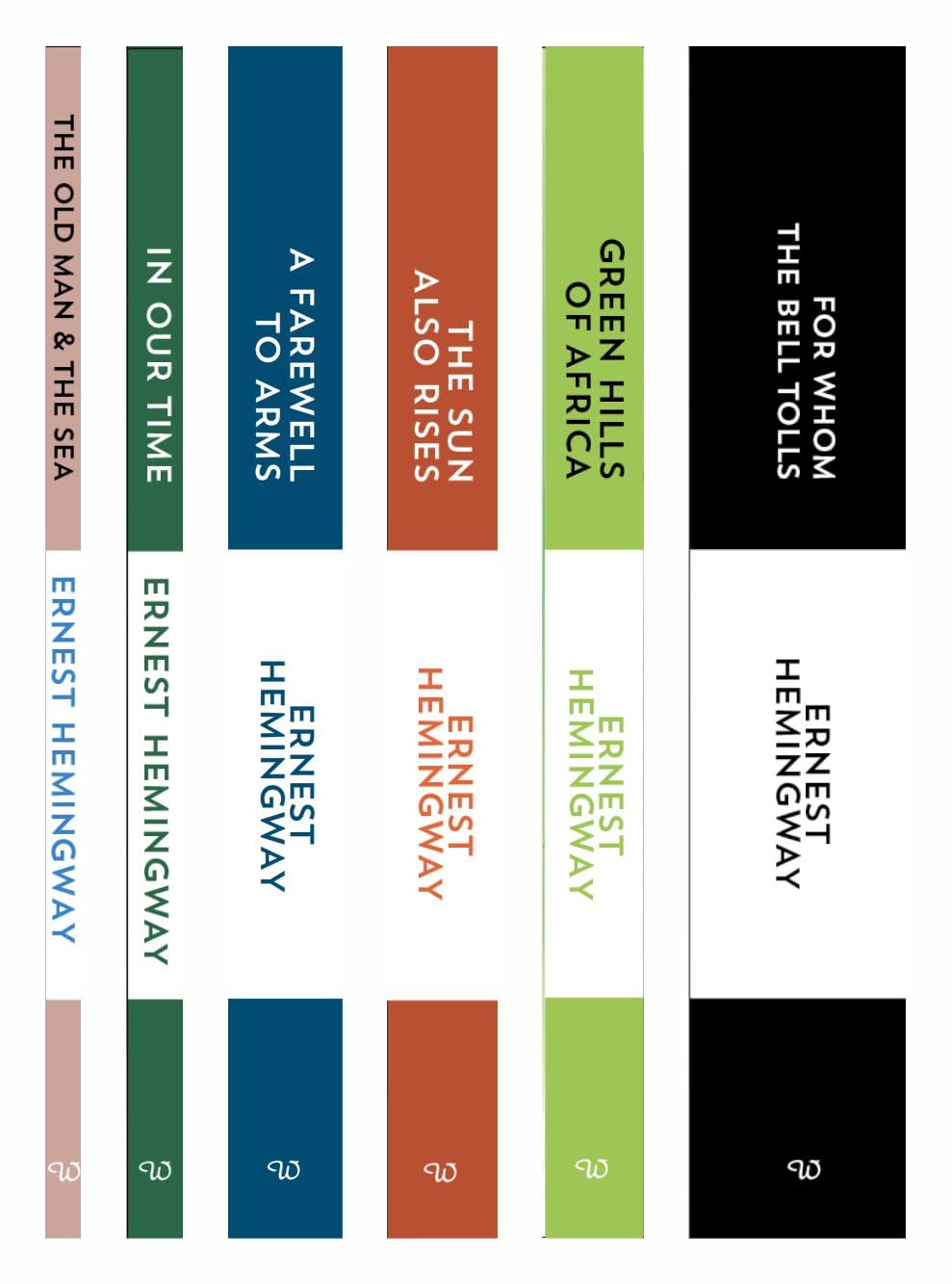A graphic layout showing seven vertical color bars, each paired with a white bar below to form a square. The top bars are in muted pink, green, blue, orange, light green, and black, and the text inside them reads Ernest Hemingway's famous short stories: 'The Old Man & The Sea', 'In Our Time', 'A Farewell to Arms', 'The Sun Also Rises', 'Green Hills of Africa', and 'For Whom the Bell Tolls'.