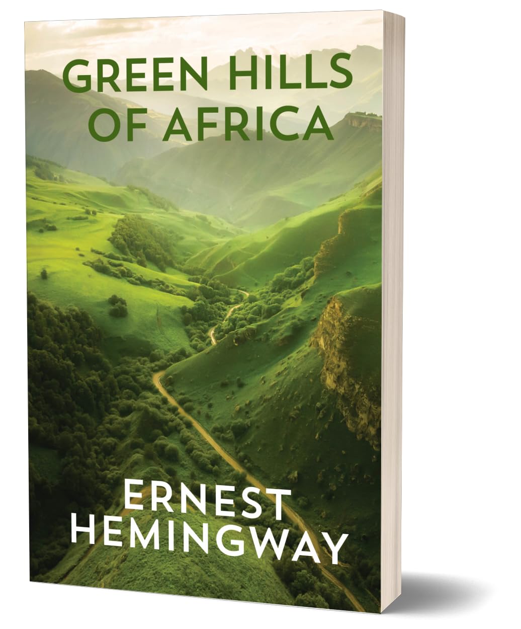 A book cover for 'Green Hills of Africa' by Ernest Hemingway, featuring a lush green mountain valley landscape with the title in green text and the author's name in white text, shown as a 3D book mockup on a white background.