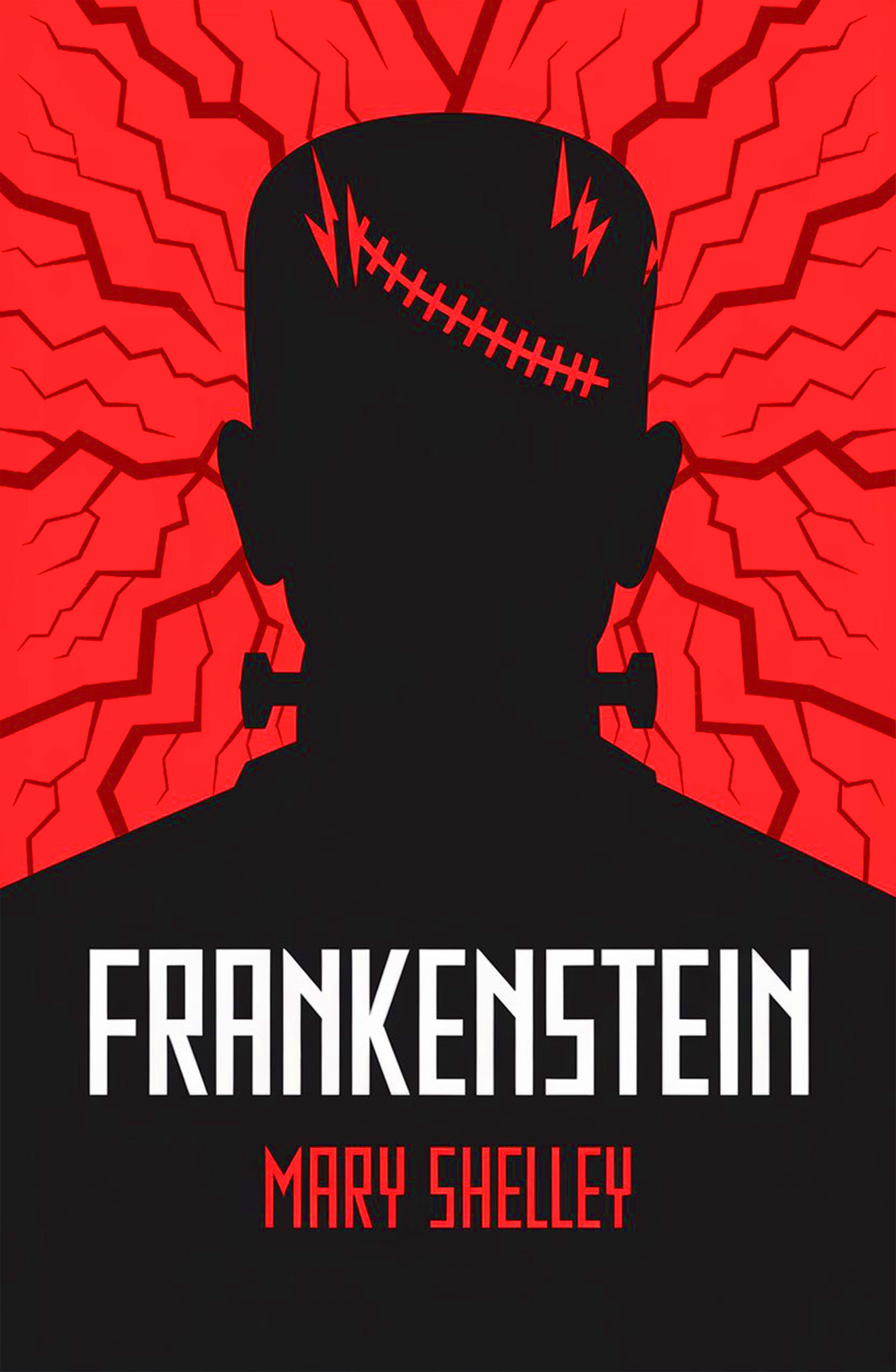 Cover of the book 'Frankenstein' by Mary Shelley, depicting a silhouette of a head with stitches on a red background.