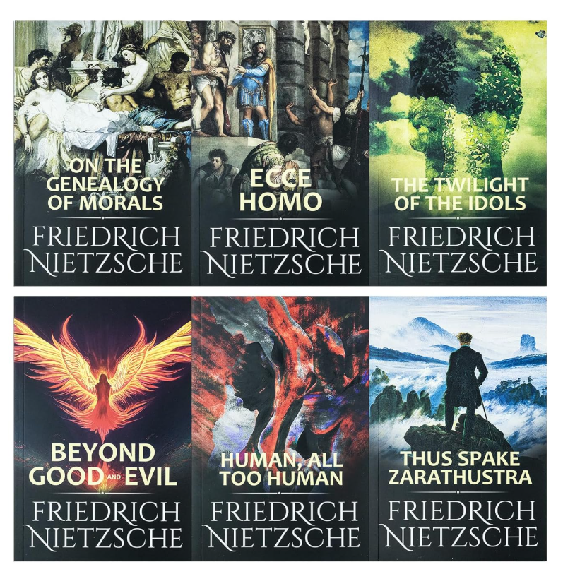 Collection of Friedrich Nietzsche books with colorful covers on a white background
