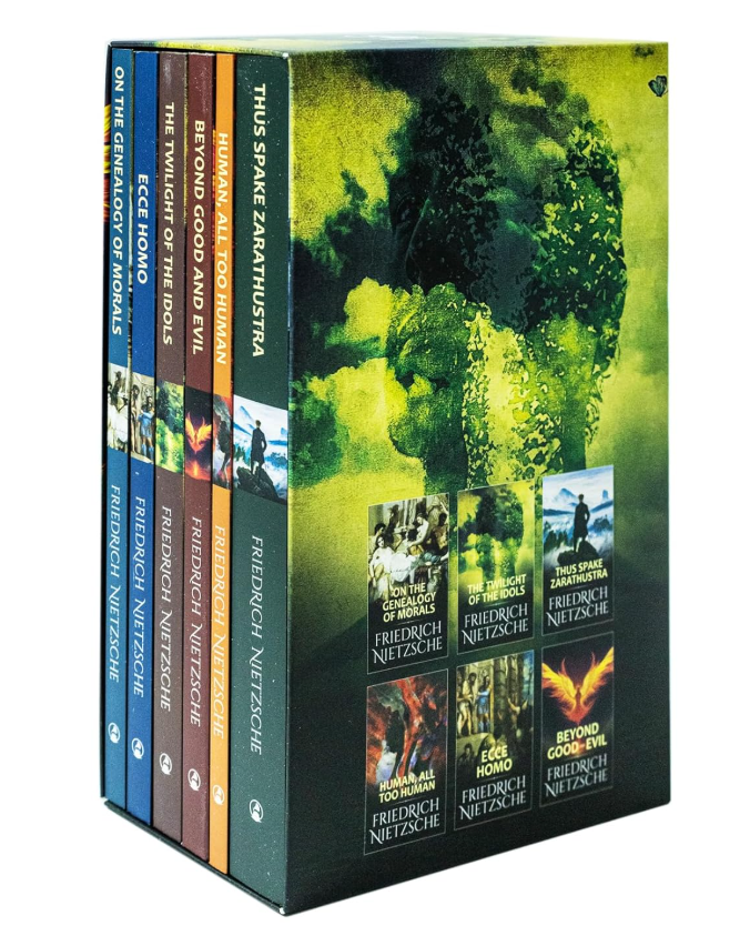 Set of books by Friedrich Nietzsche with a green and black cover
