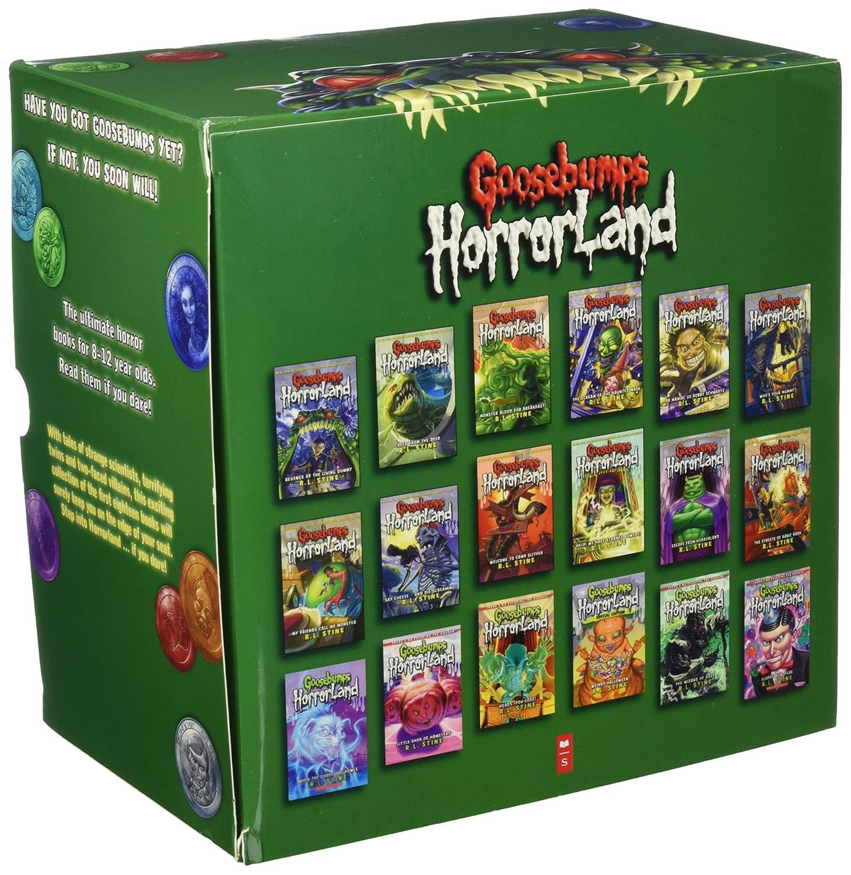 Goosebumps HorrorLand 2015 expansion box set, showing the green packaging with various character cards and collectible coins displayed on the front and side.
