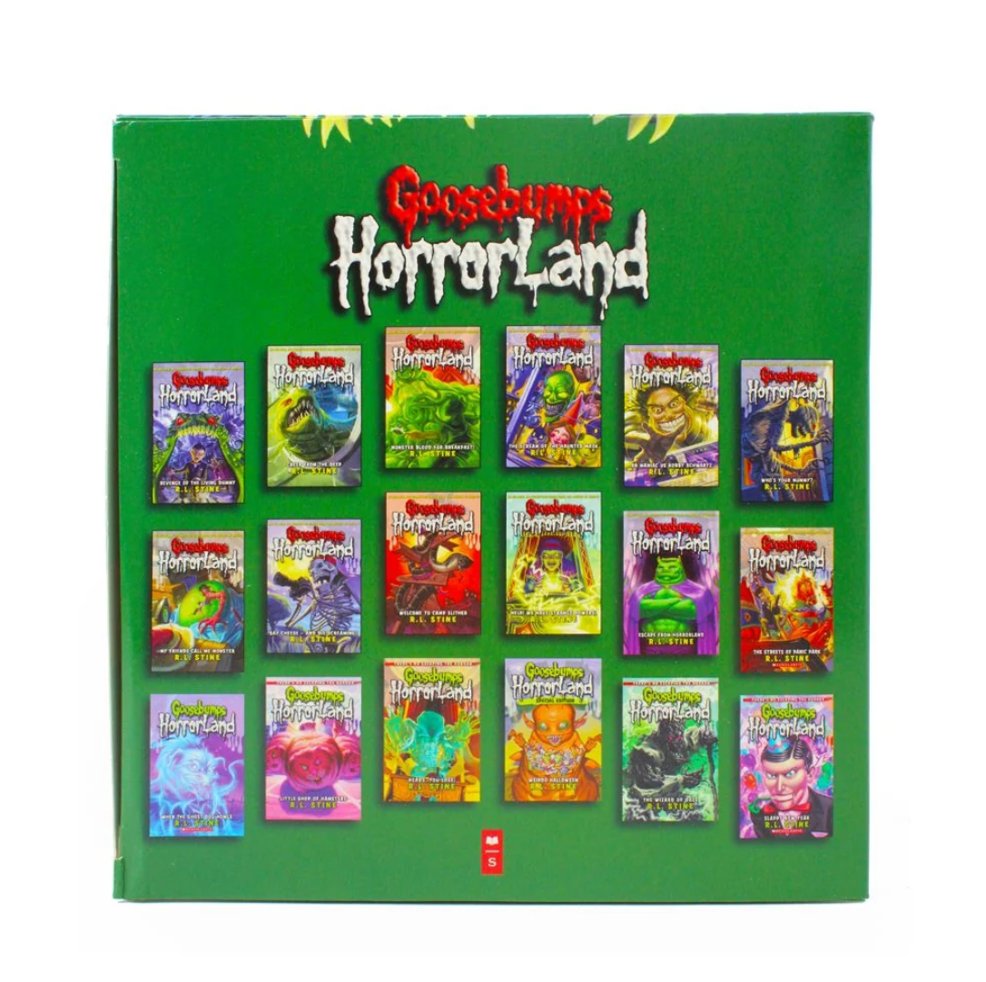 Goosebumps Horrorland collectible card box set featuring a green box with the franchise logo and a grid of 16 colorful illustrated card packs.