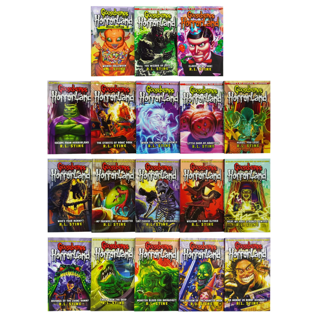 A set of 24 'Spookaland HorrorLand' book covers arranged in a pyramid-like grid on a plain white background. The books feature highly colorful, illustrated covers with various spooky characters and themes.