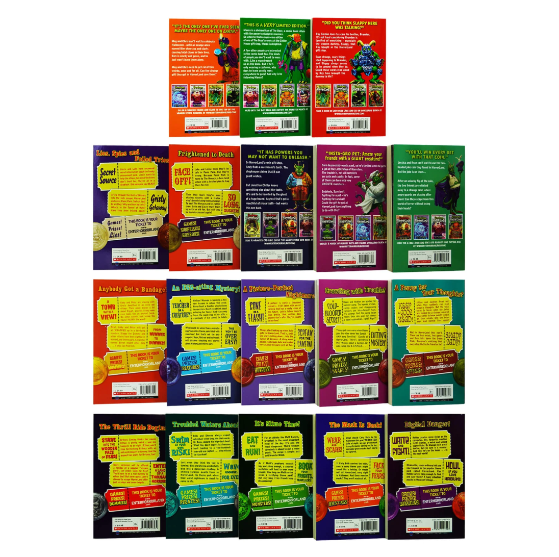 A set of 16 book covers arranged in a grid, showing the back covers of various children's mystery books from the 'Crime Scene Mystery' series. The books feature vibrant, colorful covers with illustrations of characters and crime scene elements, along with barcode labels.