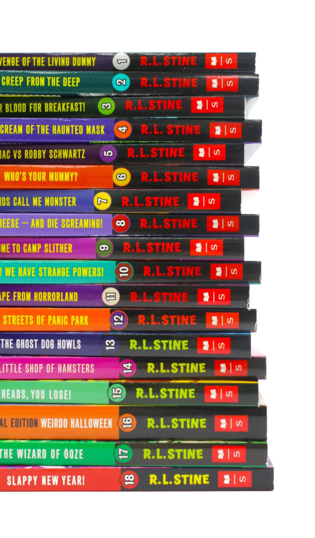 A stack of 18 hardcover books by R.L. Stine, arranged vertically to show the colorful spines of each book in a row.