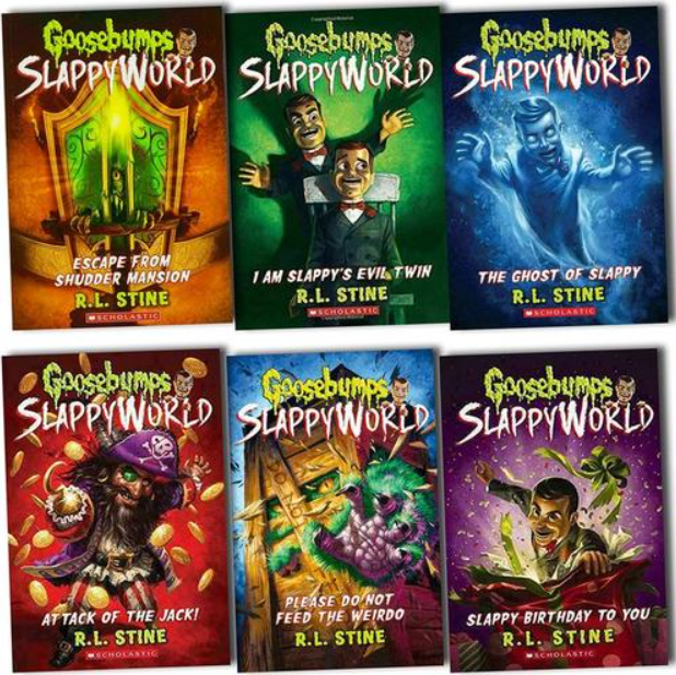 Six Goosebumps SlappyWorld book covers arranged in a 2x3 grid, featuring colorful illustrated covers for Escape from Shudder Mansion, I Am Slappy's Evil Twin, The Ghost of Slappy, Attack of the Jack, Please Do Not Feed the Weirdo, and Slappy Birthday to You by R.L.