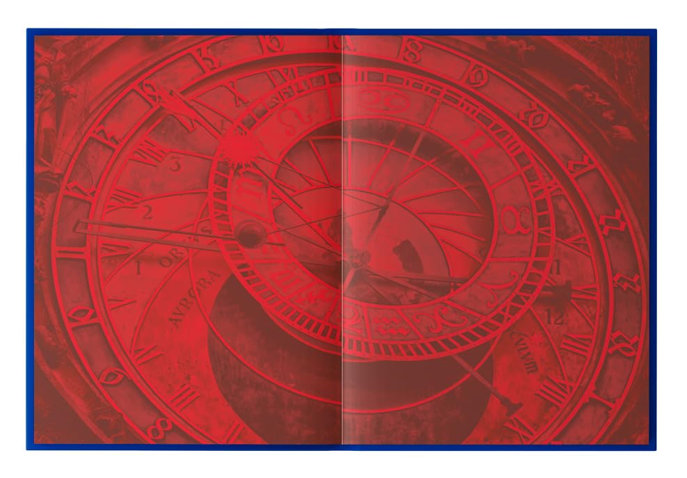 A square art print or poster featuring an antique astronomical clock or astrolabe design, heavily tinted in red with a thin blue border.
