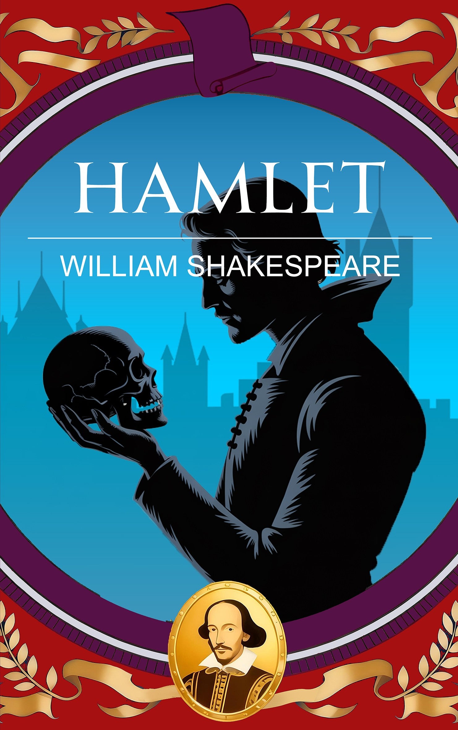 Book cover of 'Hamlet' by William Shakespeare with a silhouette of a character holding a skull.