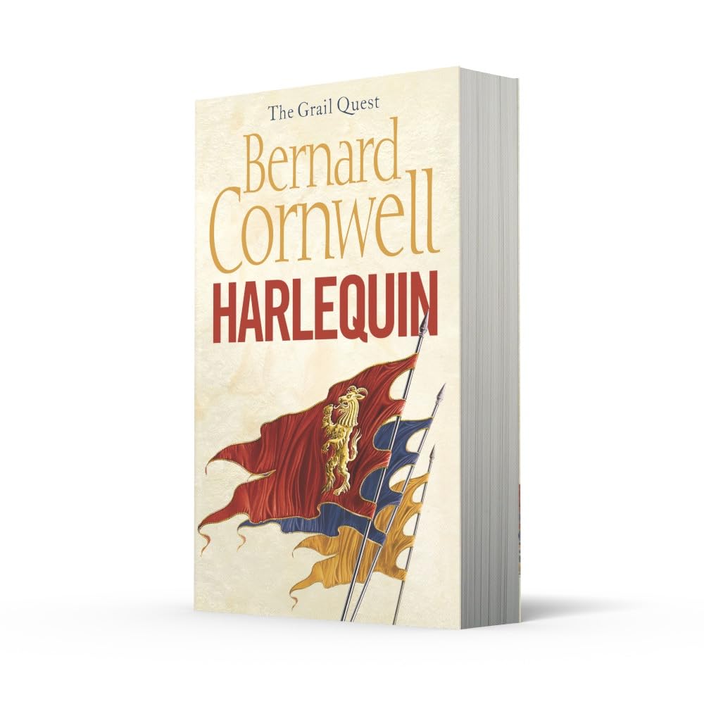Book titled 'Harlequin' by Bernard Cornwell with flags on the cover