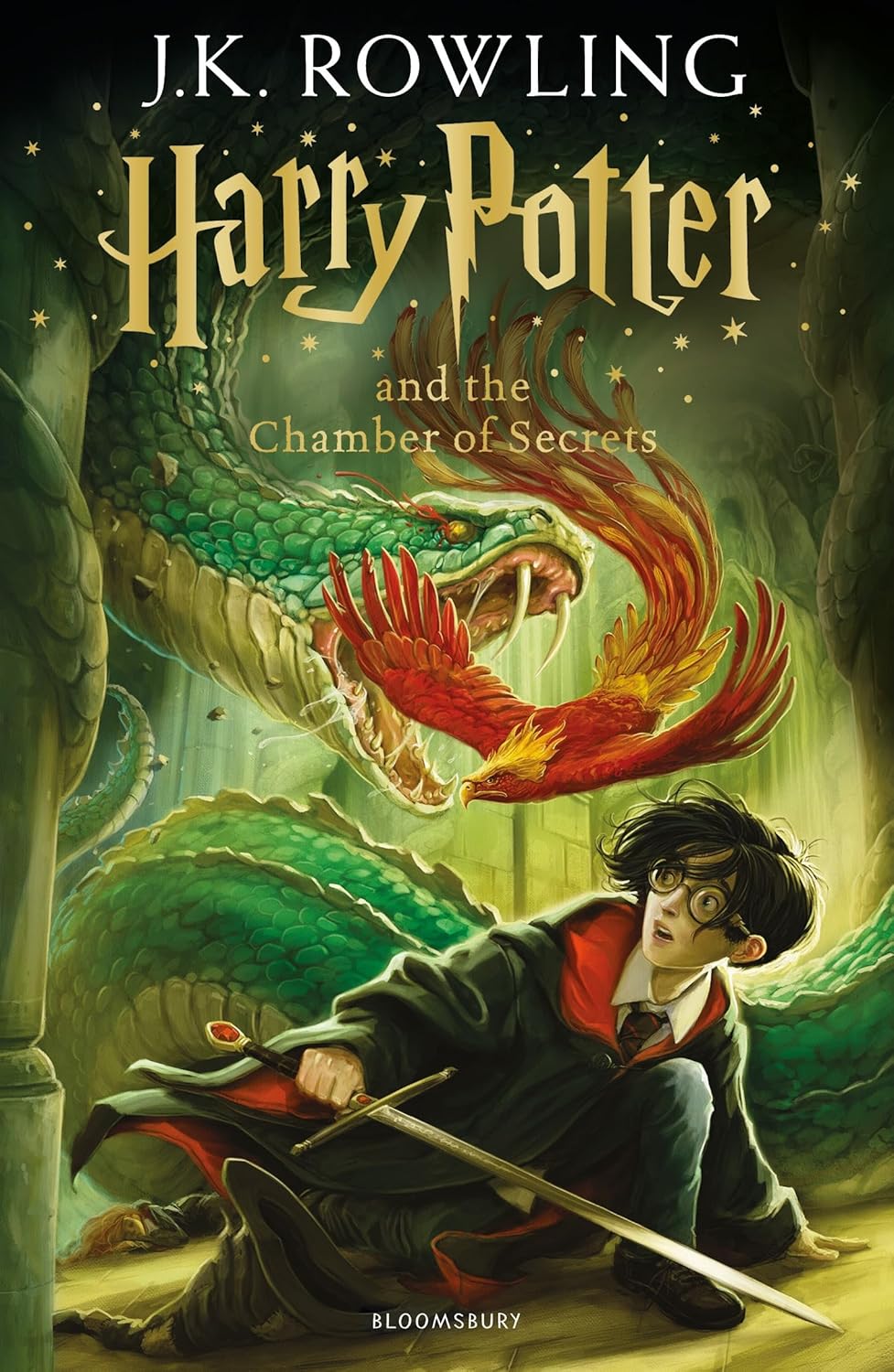 Cover of 'Harry Potter and the Chamber of Secrets' featuring an illustration of Harry Potter with a sword, surrounded by a dragon and mystical elements.