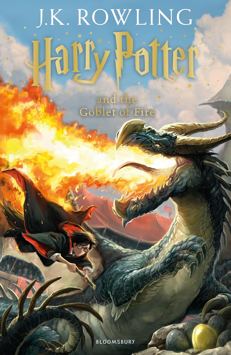 Cover of 'Harry Potter and the Goblet of Fire' featuring an illustration of Harry Potter with a dragon and magical elements.