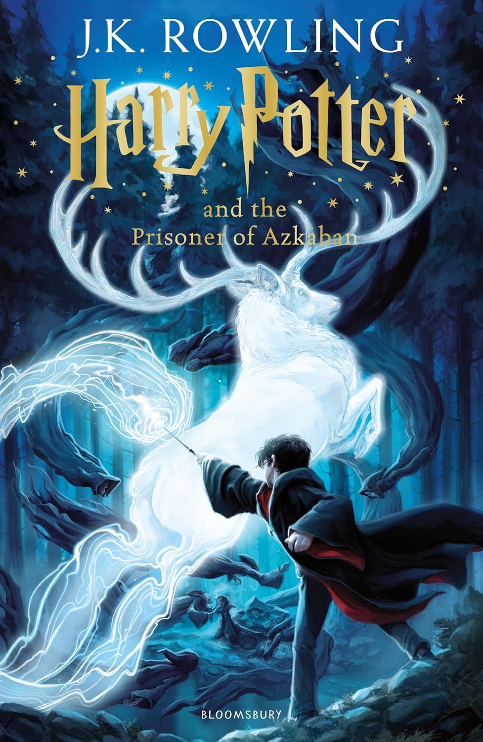 Cover of 'Harry Potter and the Prisoner of Azkaban' featuring an illustration of Harry Potter with a wand, surrounded by a blue and gray backdrop with a sense of motion or magic.