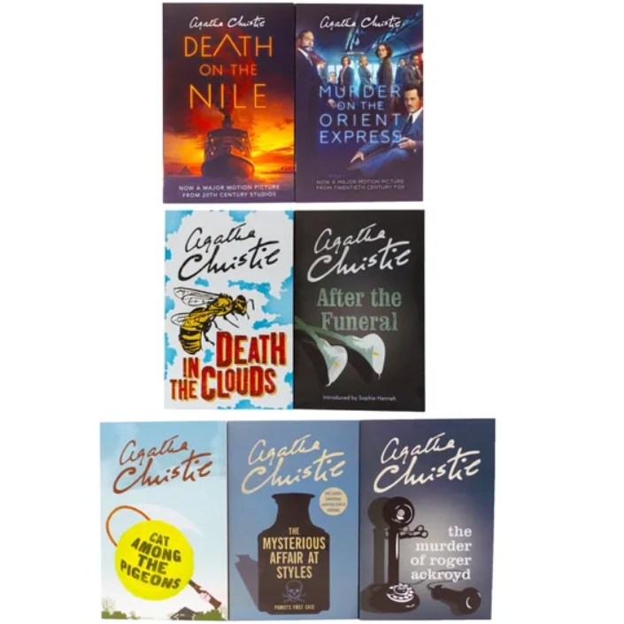 A collage of six Agatha Christie mystery book covers arranged in a grid on a white background, including titles such as Death on the Nile, The Murder on the Orient Express, Death in the Clouds, After the Funeral, Cat Among the Pigeons, and The Murder of Roger Ackroyd.