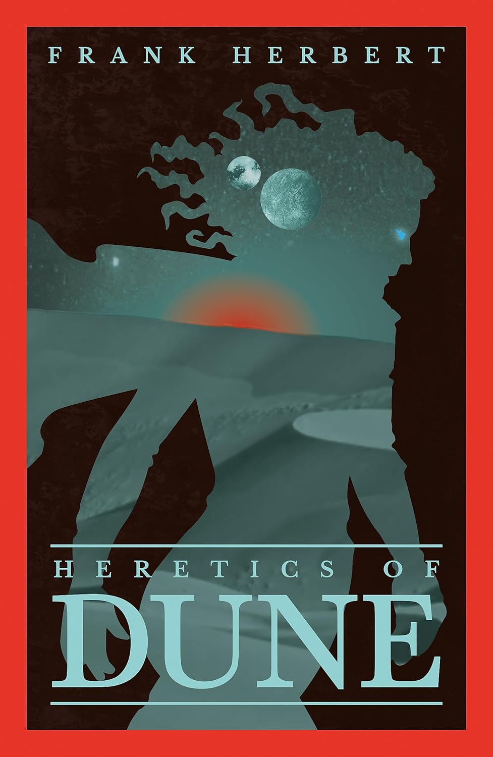 Book cover of 'Heretics of Dune' by Frank Herbert featuring a desert landscape with a figure and celestial bodies in the background.