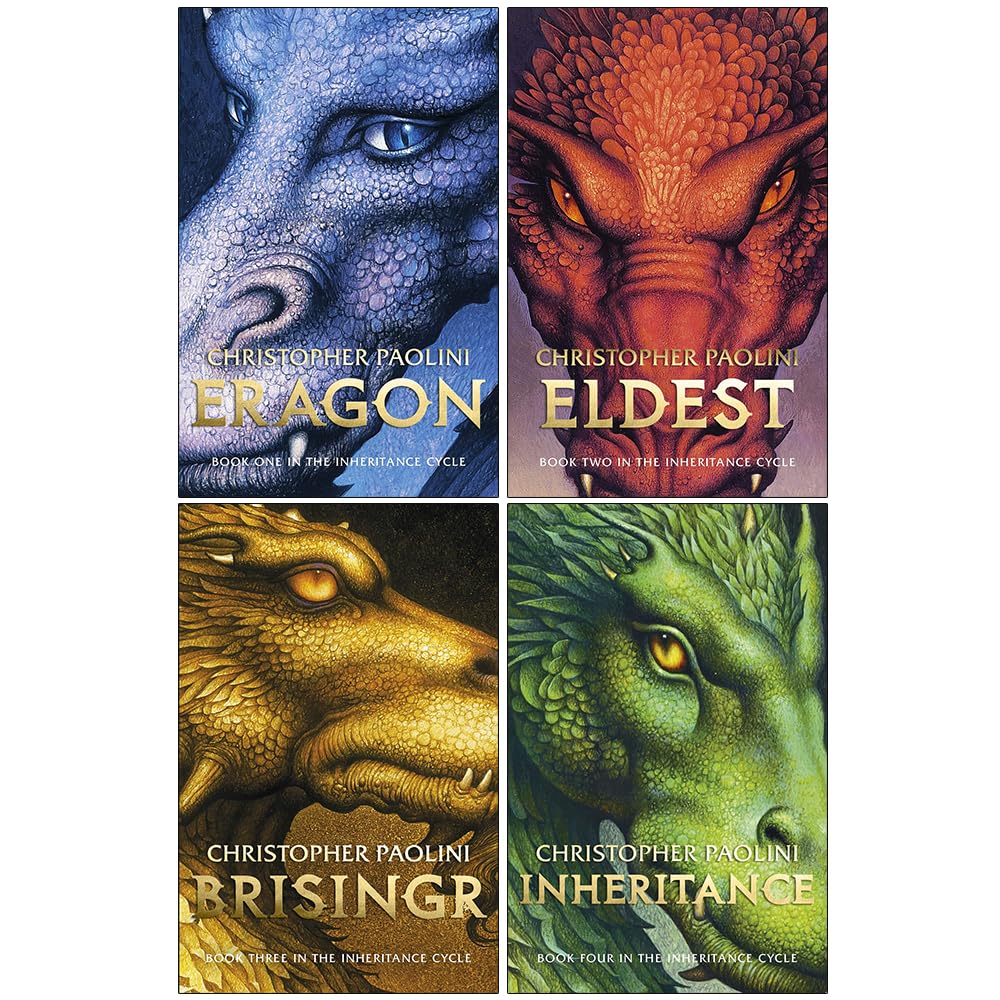 Four fantasy book covers arranged in a 2x2 grid on a white background. The books are Dragon, Eldest, Rising, and Inheritance by Christopher Paolini, each showing a close-up of a different dragon face in blue, orange, gold, and green tones.