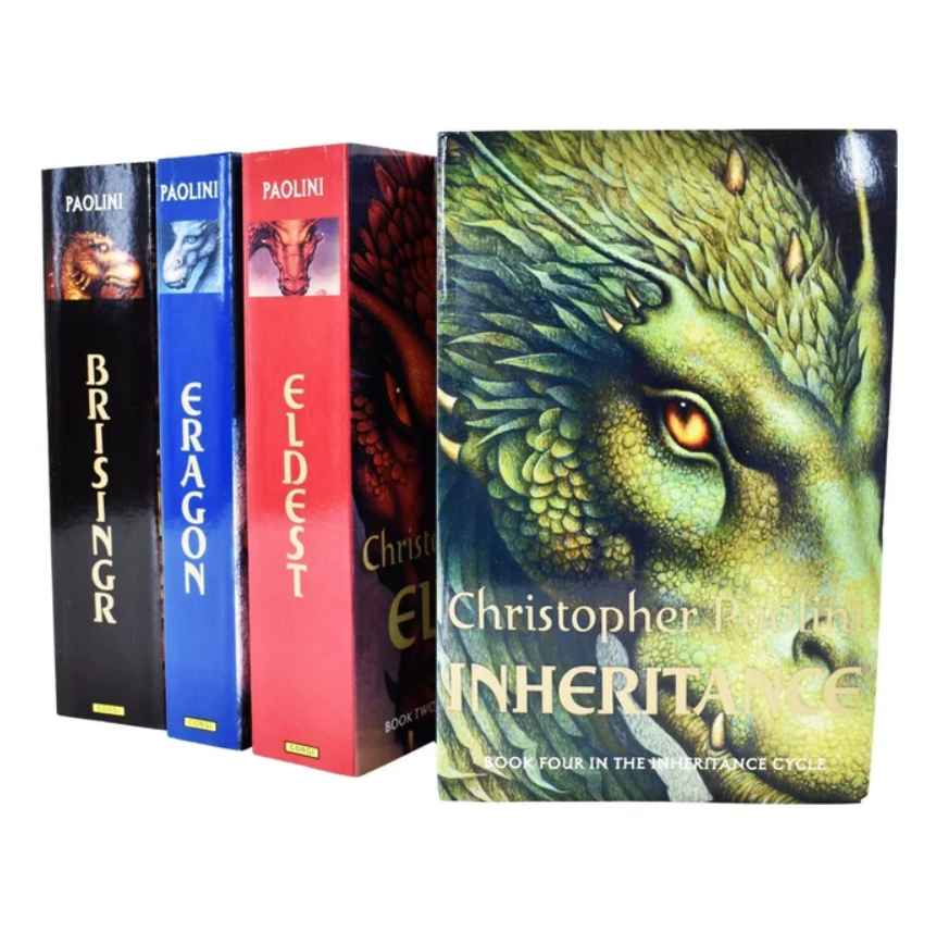 A set of fantasy book volumes from Paolini's Dragon Trilogy, including the black, blue, and red hardcover books 'Brisinger', 'Eragon', and 'Eldest', with the large paperback 'Inheritance' book in front showing a green dragon illustration.