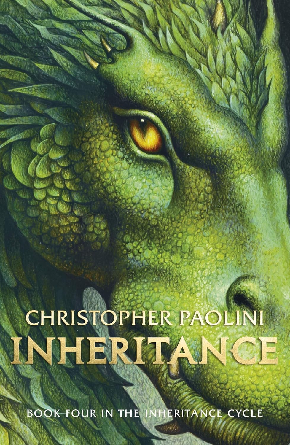 Book cover of 'Inheritance' by Christopher Paolini featuring a green dragon.