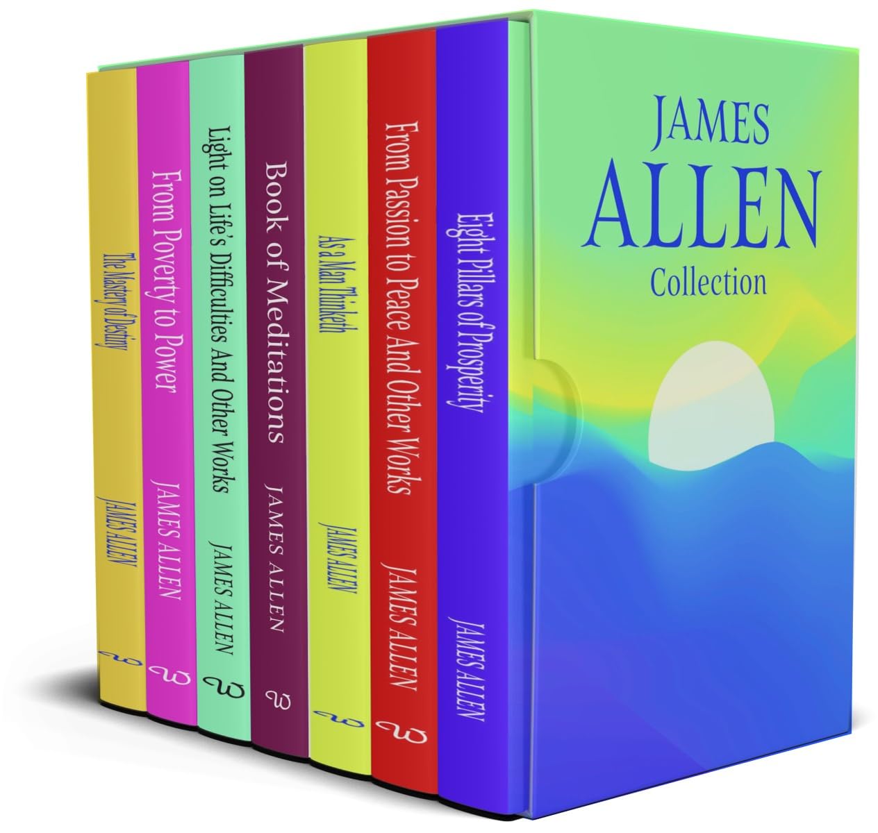 Collection of James Allen books with colorful spines on a white background