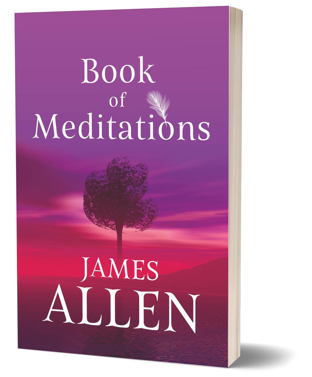 Book cover of 'Book of Meditations' by James Allen, featuring a purple and pink gradient sky with a silhouette of a tree and a white feather icon, shown as a 3D book mockup on a white background.