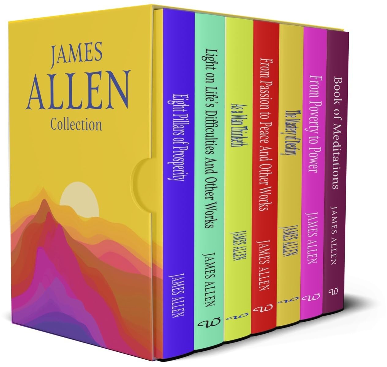James Allen Collection book box set with six colorful books partially pulled from a matching illustrated box. The spines show titles including 'The Wealth of Nations', 'Light on Life's Difficulties and Other Works', 'Essays from Writings', 'From Passion to Peace and Other Works', 'From Poverty to Power', and the front cover reads 'JAMES ALLEN Collection'.