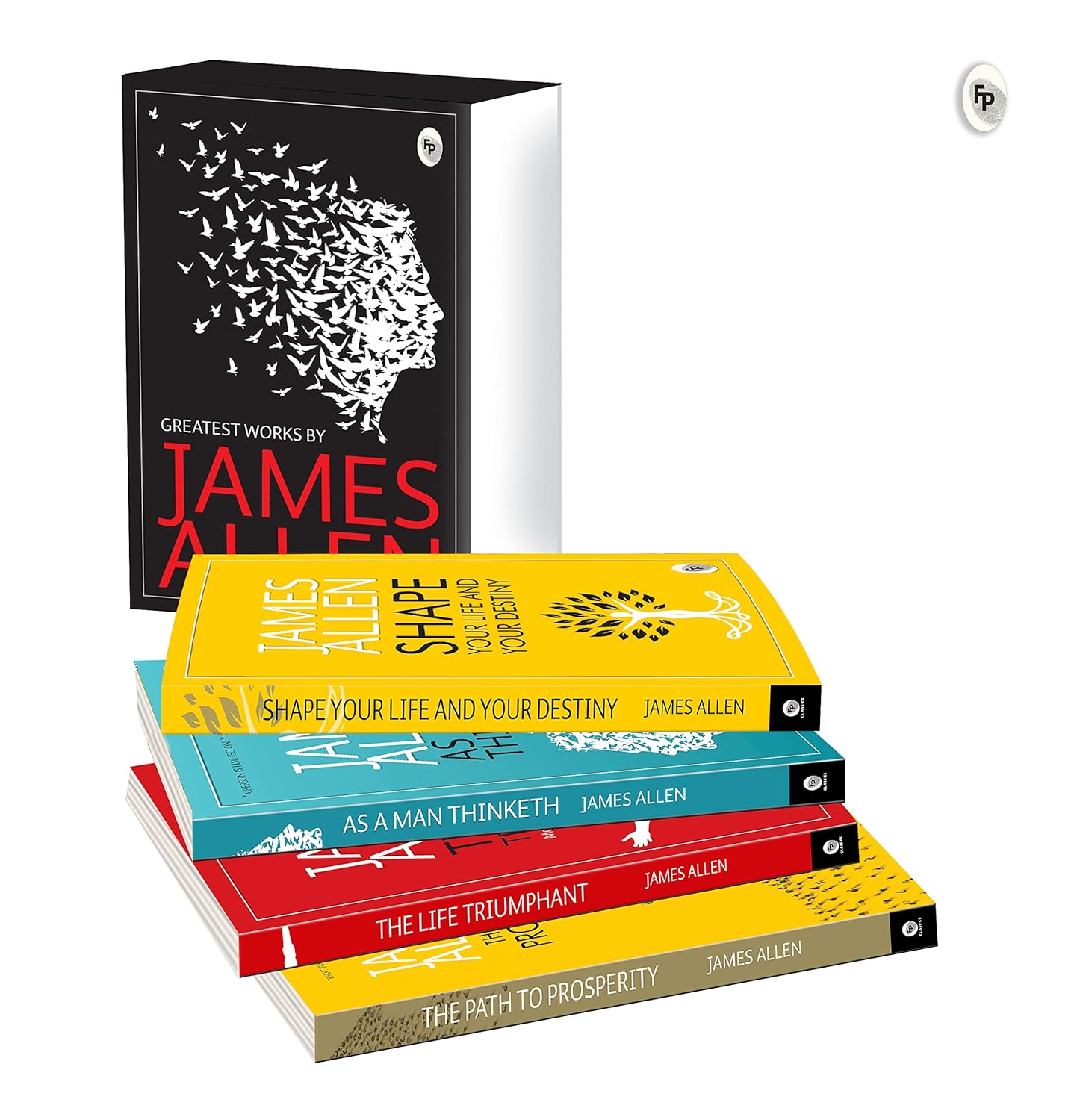 James Allen Greatest Works box set containing five books: Shape, As a Man Thinkseth, The Life Triumphant, The Path to Prosperity, and a black slipcase with a white bird head silhouette and red title text.