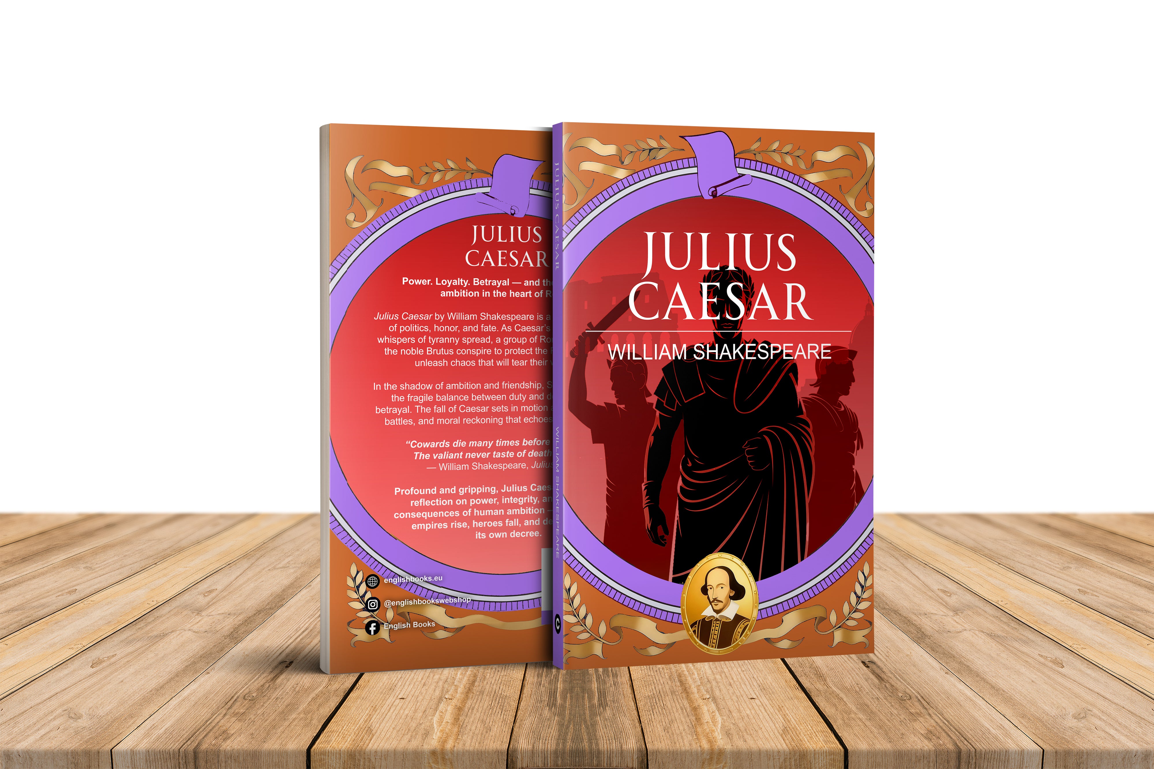 Book titled 'Julius Caesar' by William Shakespeare on a wooden surface