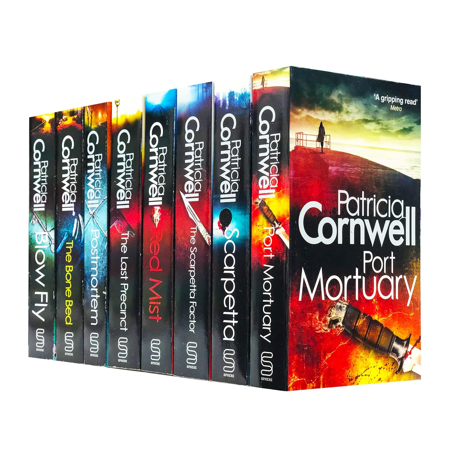 Collection of Patricia Cornwell books with colorful covers on a white background