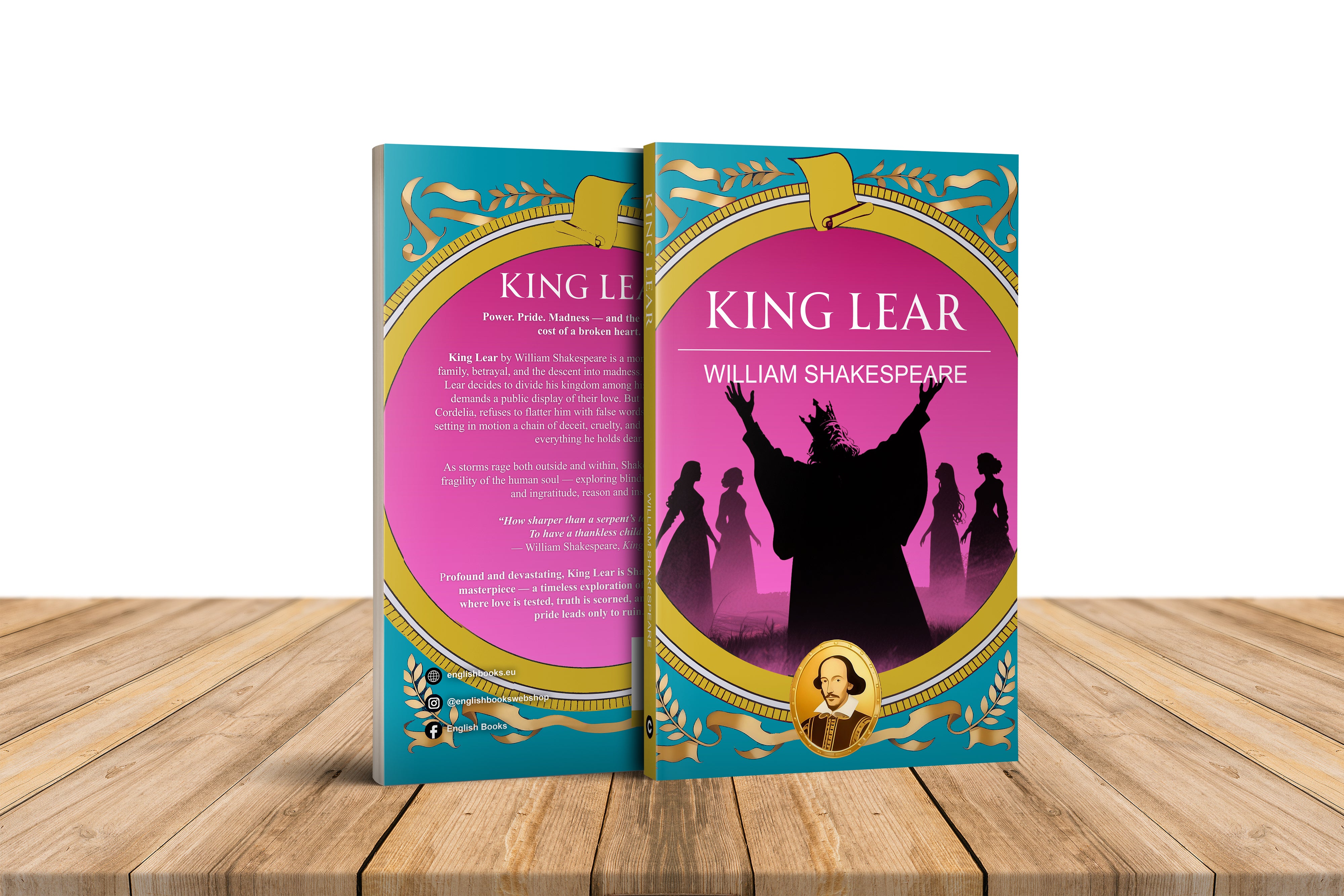 Book titled 'King Lear' by William Shakespeare on a wooden surface