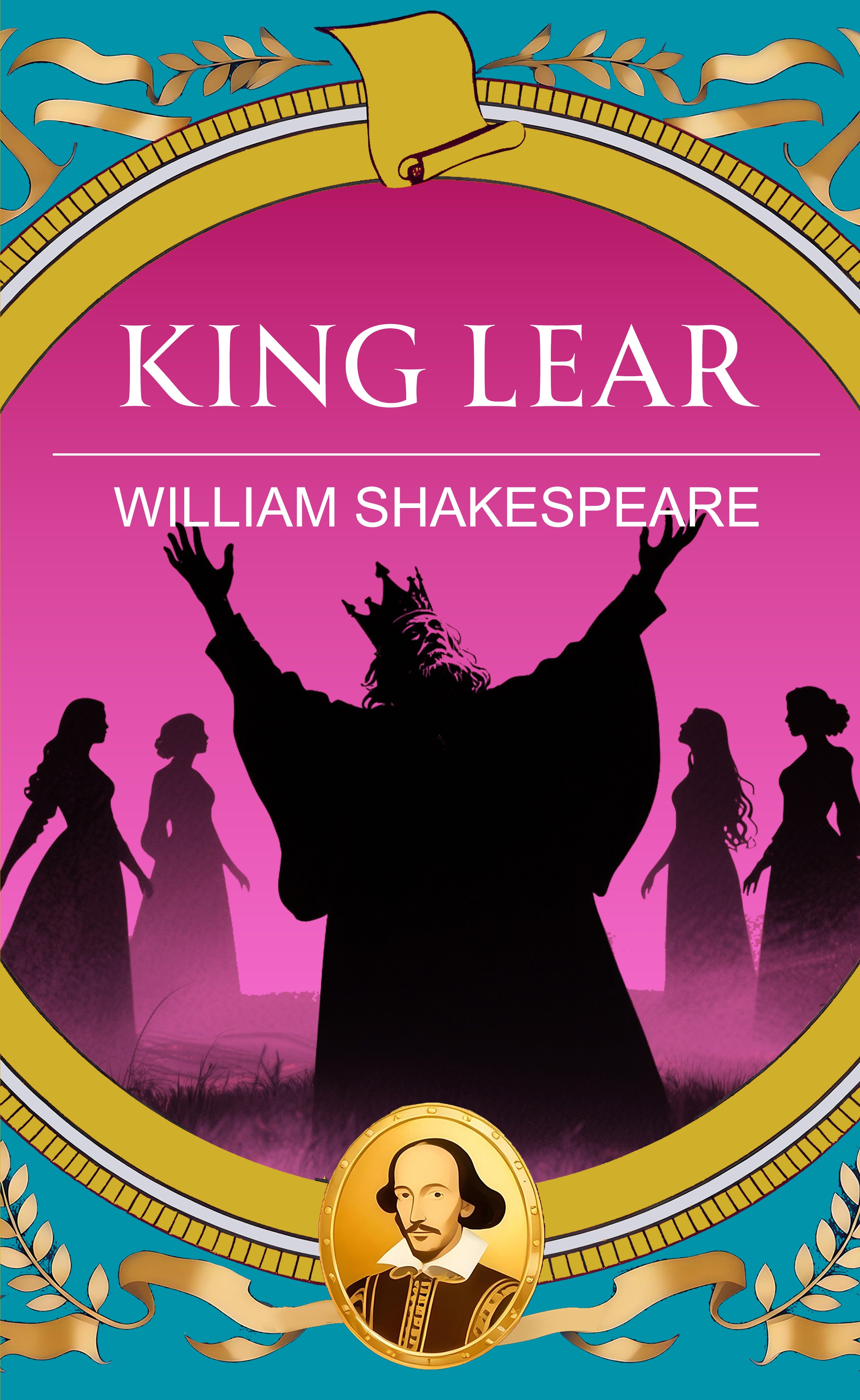 Book cover of 'King Lear' by William Shakespeare with silhouette illustrations and decorative elements.