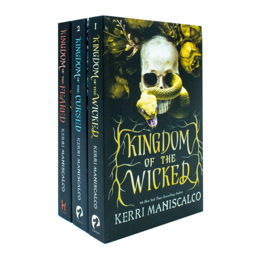 Book series 'Kingdom of the Wicked' by Kerri Maniscalco with a skull and snake design on the cover.