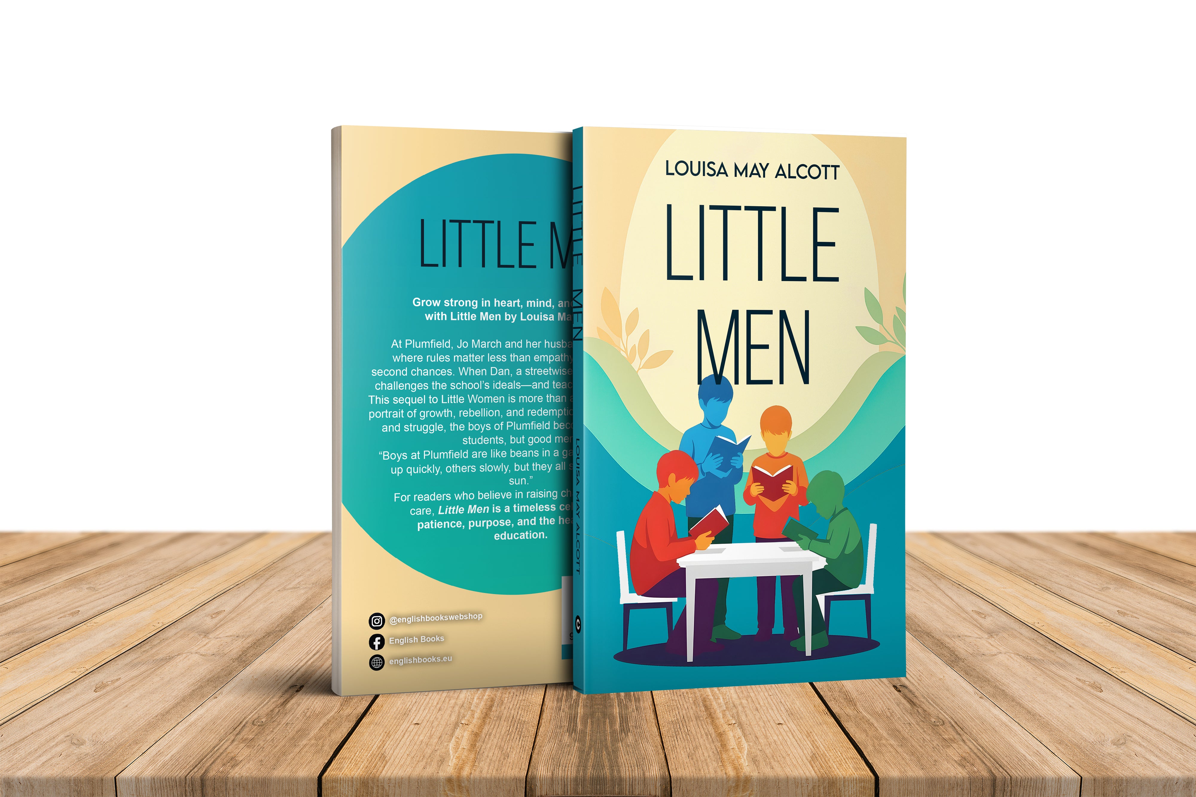 Book titled 'Little Men' by Louisa May Alcott on a wooden surface