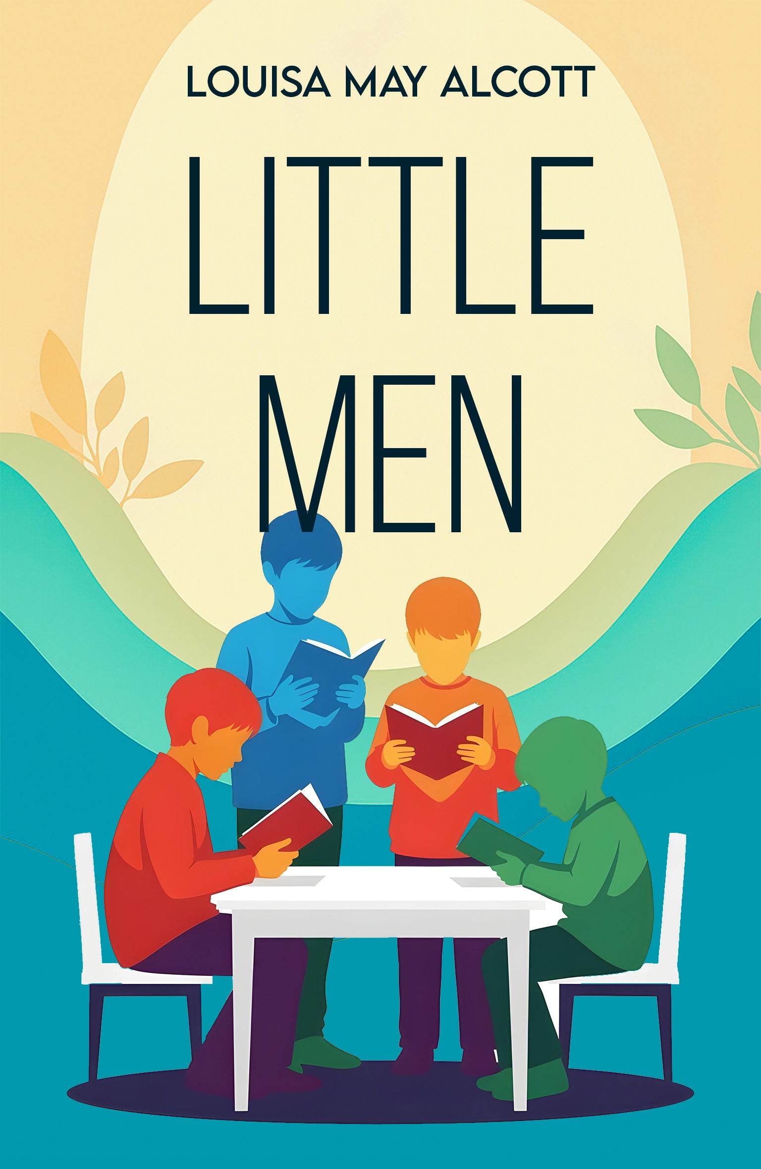 Book cover of 'Little Men' by Louisa May Alcott with illustrations of children reading around a table.
