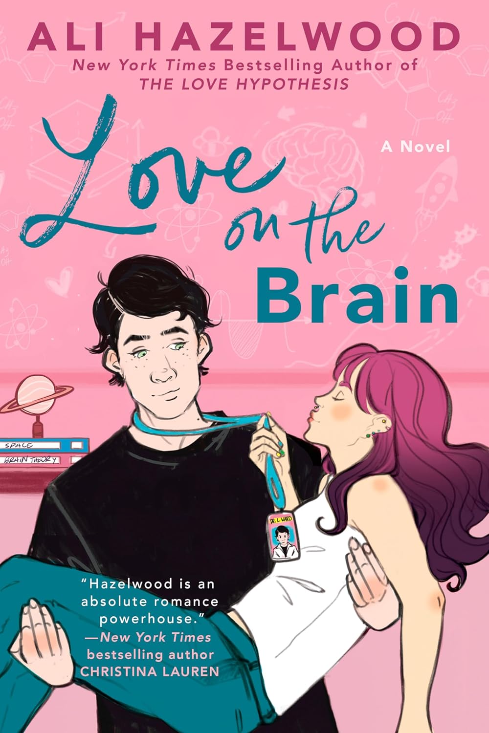 Book cover of 'Love on the Brain' by Ali Hazelwood with a pink background and illustration of two characters.