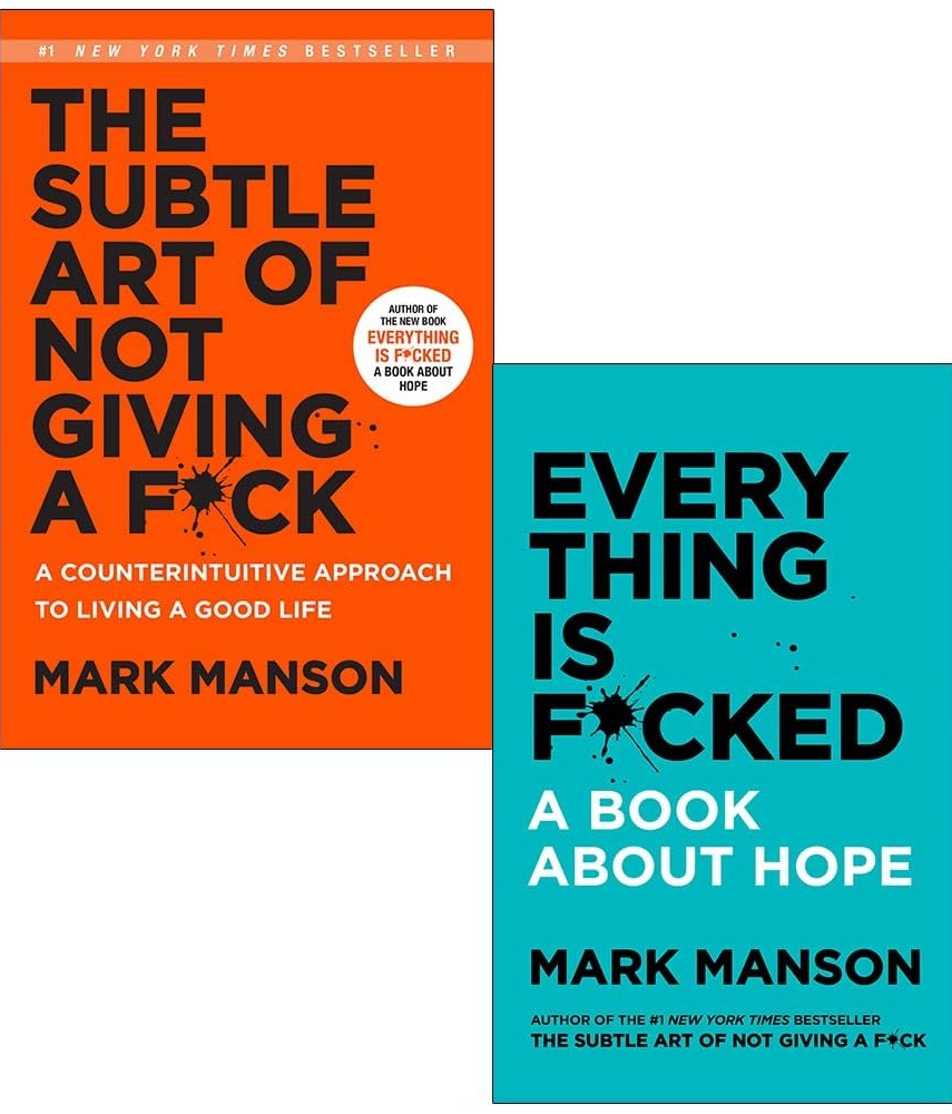 Two copies of Mark Manson's book shown side by side on a white background: the orange cover of 'The Subtle Art of Not Giving a F*ck' on the left and the turquoise cover of 'Everything Is F*cked: A Book About Hope' on the right.