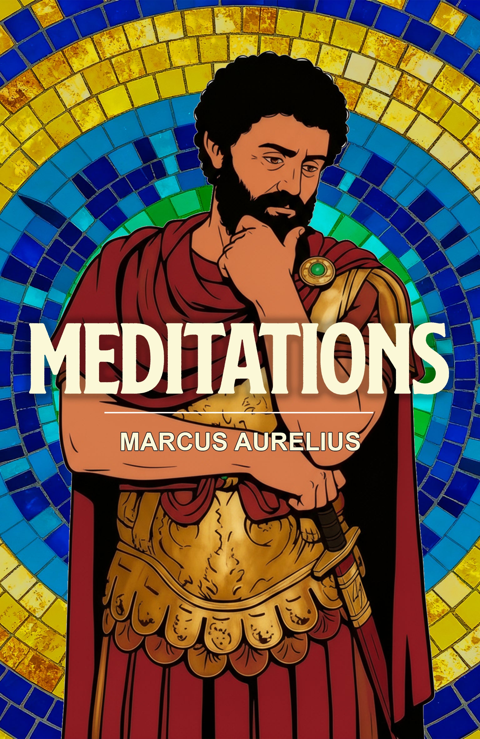 Illustration of a Roman emperor with 'Meditations' by Marcus Aurelius text on a mosaic background