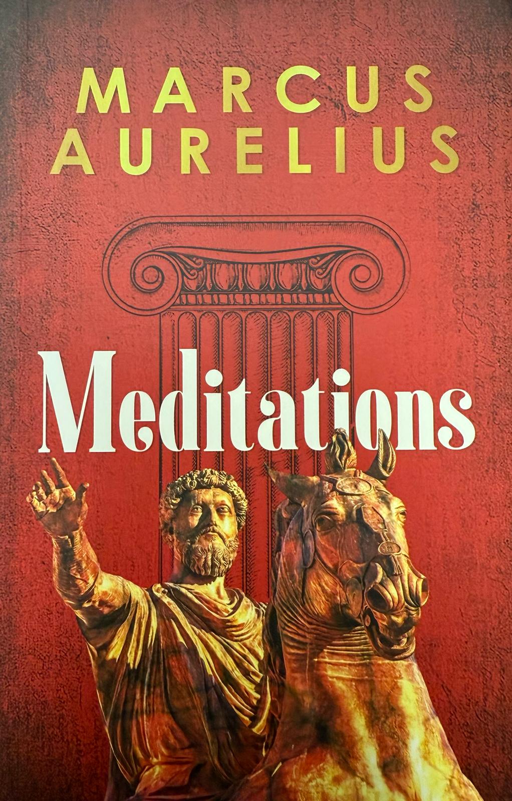 Book cover of 'Meditations' by Marcus Aurelius with classical statue design on a red background