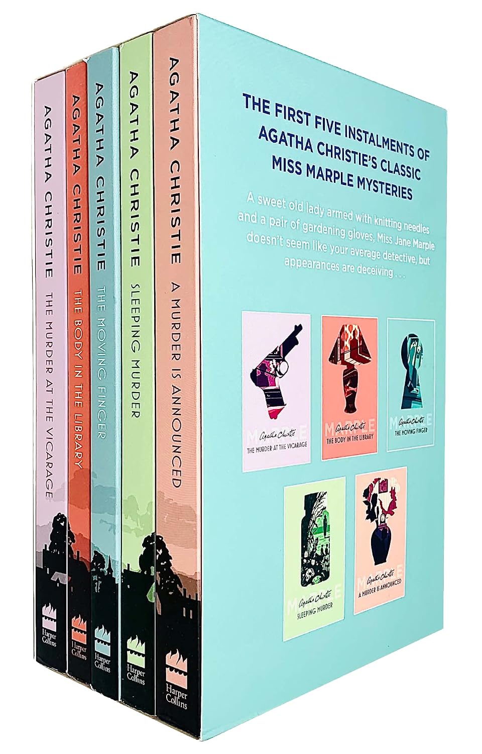 A boxed set of five Agatha Christie books shown at an angle, with the front cover and spines visible. The set is predominantly light aqua on the front cover, with pastel pink, peach, blue, and green spines, and black illustrated book covers at the bottom.