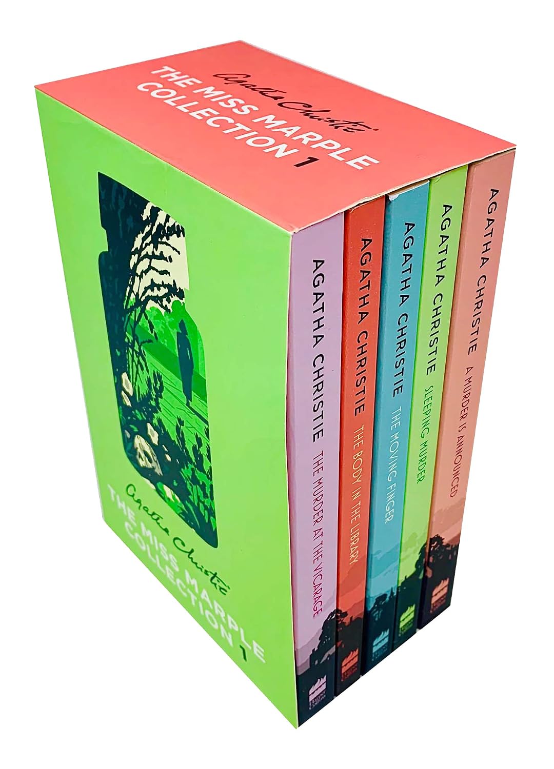 The Miss Marple Collection 1 boxed set by Agatha Christie, featuring five colorful books standing upright in front of a coral-pink slipcover on a white background.