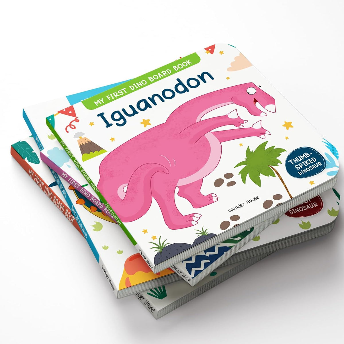 A stack of children's board books titled "My First Dino Board Book" with the front cover showing a pink iguana and colorful dinosaur-themed illustrations on a white background.
