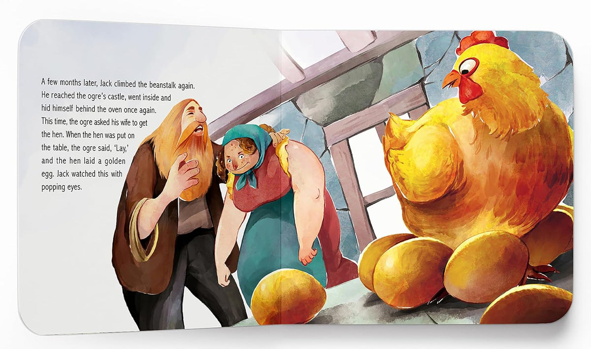 A children's book or printed illustration page showing a humorous story with a giant golden hen, a person in a brown coat, and another person in a teal dress, with English text printed on the left side.