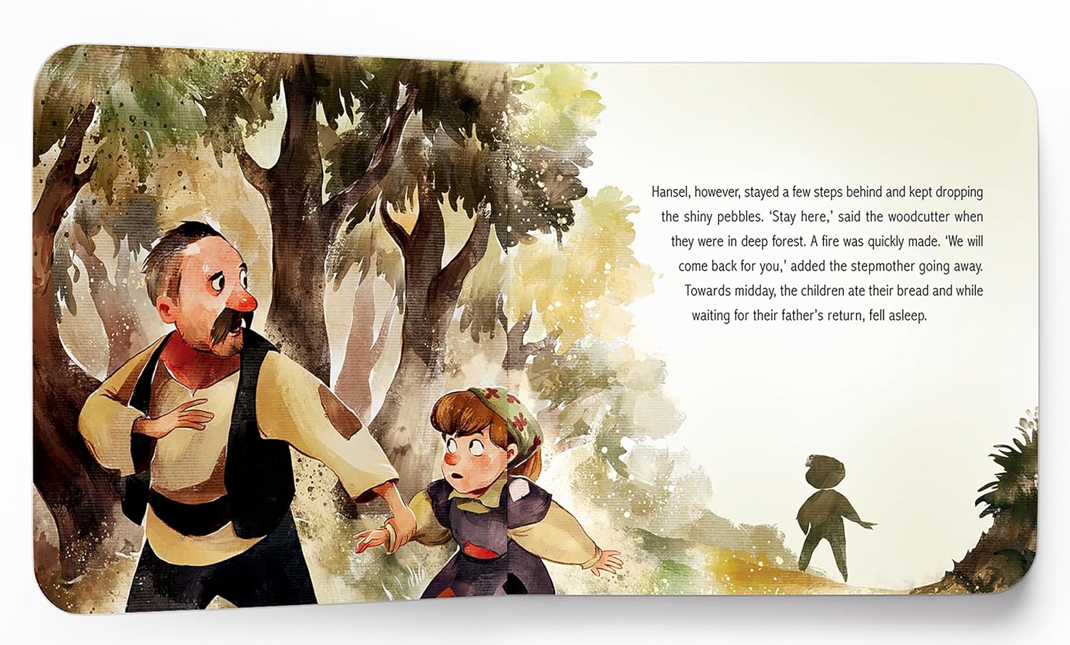 A children's book or illustrated print showing a woodland scene with a father and child in a forest, plus a small silhouette figure and a block of text on the right. The artwork uses soft watercolor-style tones of green, brown, beige, and muted yellow.