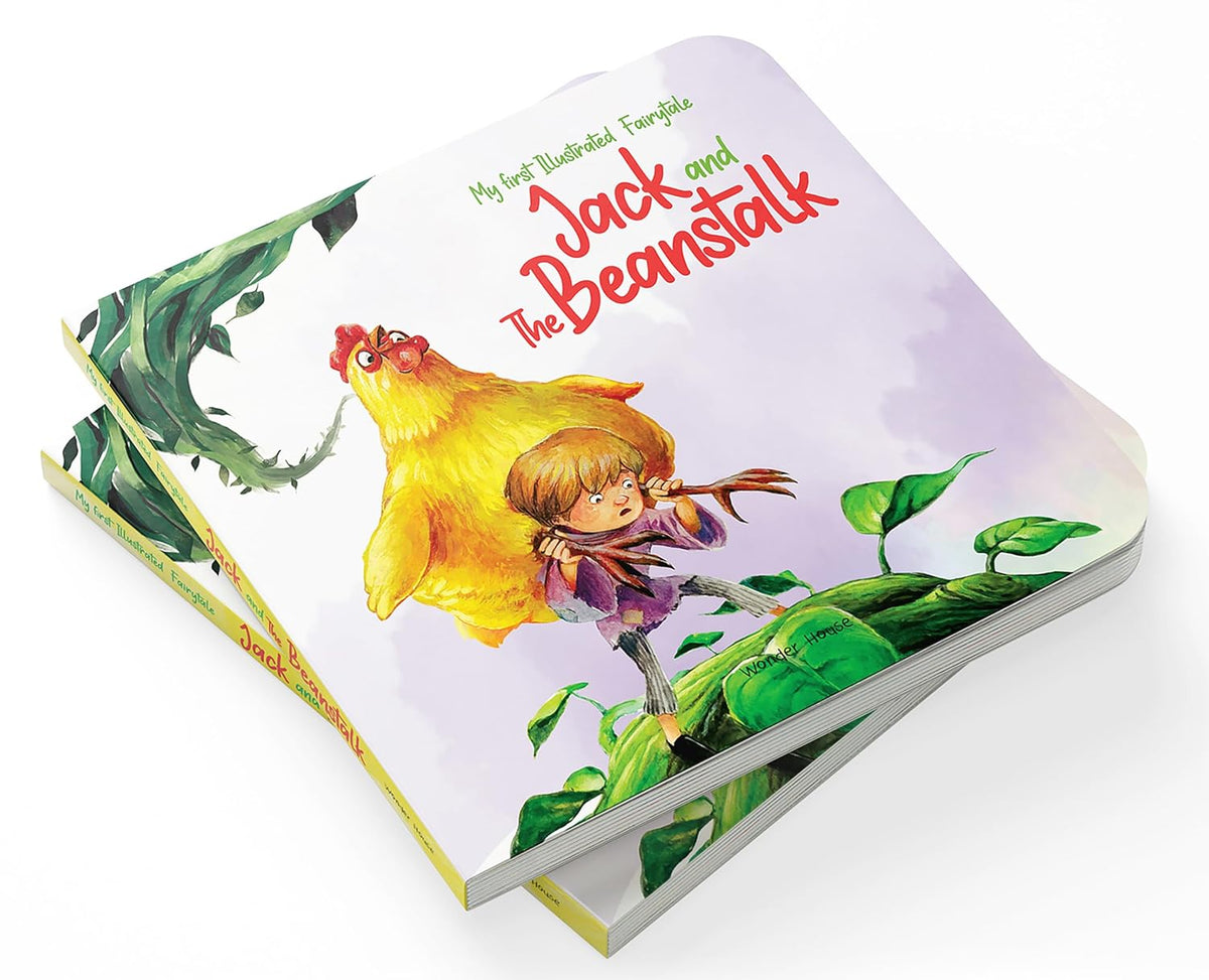 A children's board book titled 'My First Illustrations: Fairytail Jack and the Beanstalk' shown open on a white background, featuring colorful cover art with a yellow fairytail, a red chicken, a girl in a purple dress, and green leaves.